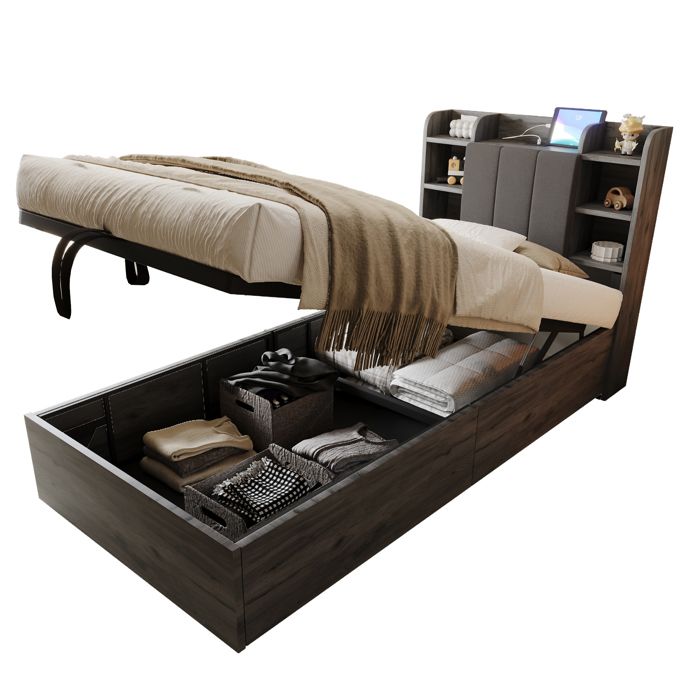 Lit Coffre Simple 90x200 cm avec Rangement et Ports USB/Type-C Lit Fonctionnel en Bois - Sans Matelas - Gris