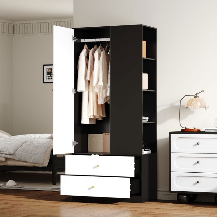 Armoire 80x40x180 cm avec Porte Miroir Penderie 2 Tiroirs 4 Compartiments et Soft-Close - Blanc/Noir