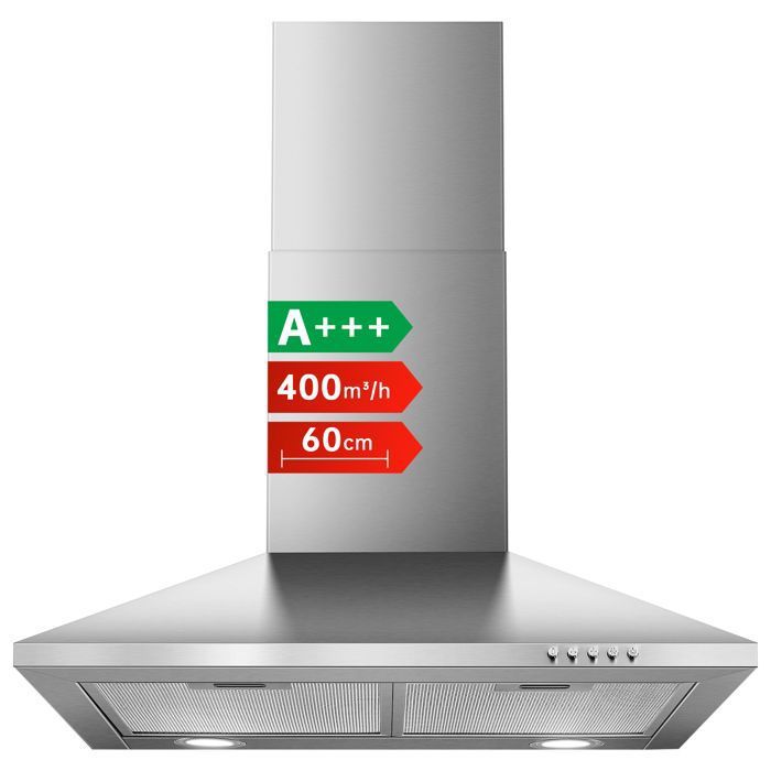 Hotte Aspirante 60cm Argent A+++ 400m³/h Recyclage & Evacuation avec Filtre à Charbon