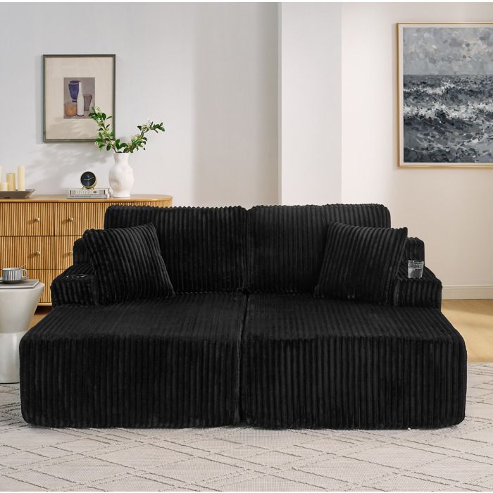 Canapé convertible 2 places noir lounge relax sans cadre tissu côtelé doux porte-gobelet
