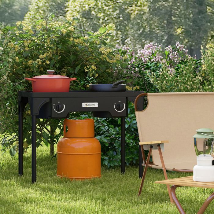 Réchaud 2 brûleurs au propane portable 150 000 BTU/h avec 2 pieds amovibles pour extérieur camping métal moulé