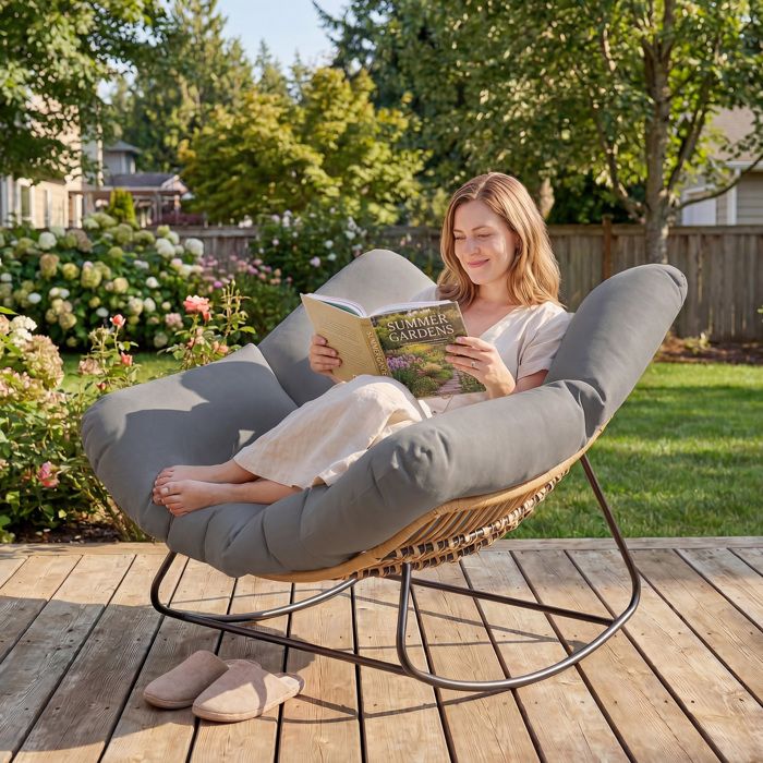 Fauteuil à Bascule Papasan Intérieur Extérieur Chaise Ovale à Bascule Rembourrée pour Jardin Patio Gris