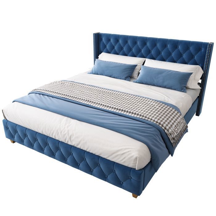 Lit Double 160x200 cm - Lit Capitonné avec Tête Élégante et Sommier 12 Lattes - Velours - Sans Matelas - Bleu