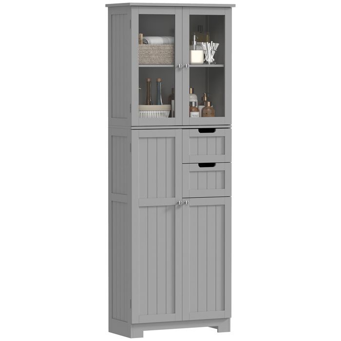 Meuble de salle de bain haut - HOMCOM - 4 portes dont 2 vitrées 2 tiroirs et étagères réglables - MDF - 60x30x170cm - gris