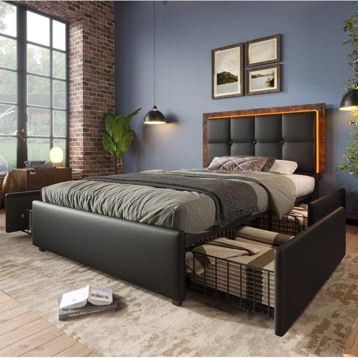 Lit simple rembourré noir 90 × 200 LED tête réglable 4 tiroirs sans matelas