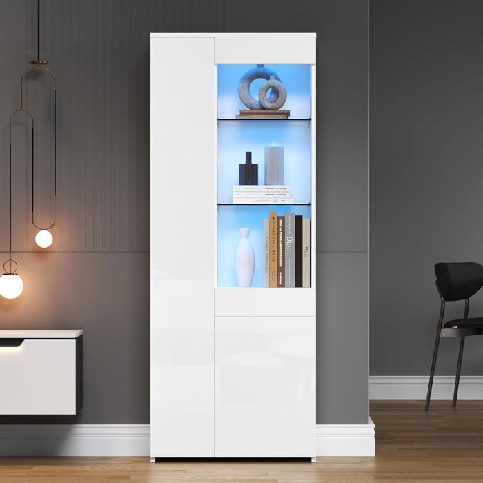 Vitrine avec tiroirs vitrine en verre brillant avec éclairage LED armoire haute avec placard vitrine au sol blanc 70x35x180cm