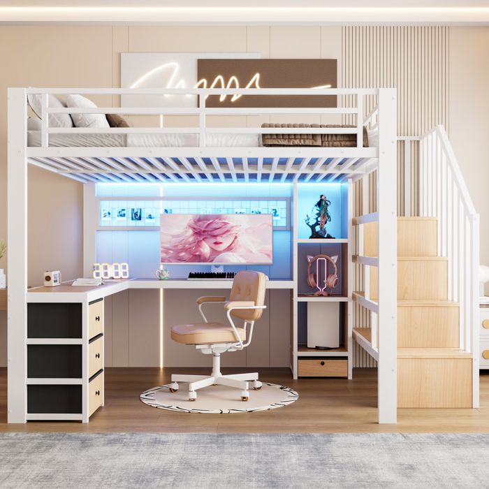 Lit mezzanine Métal 140 x 200 cm - avec bureau - Échelle à tiroirs et 4 rangements - eclairage LED et grille créative - blanc
