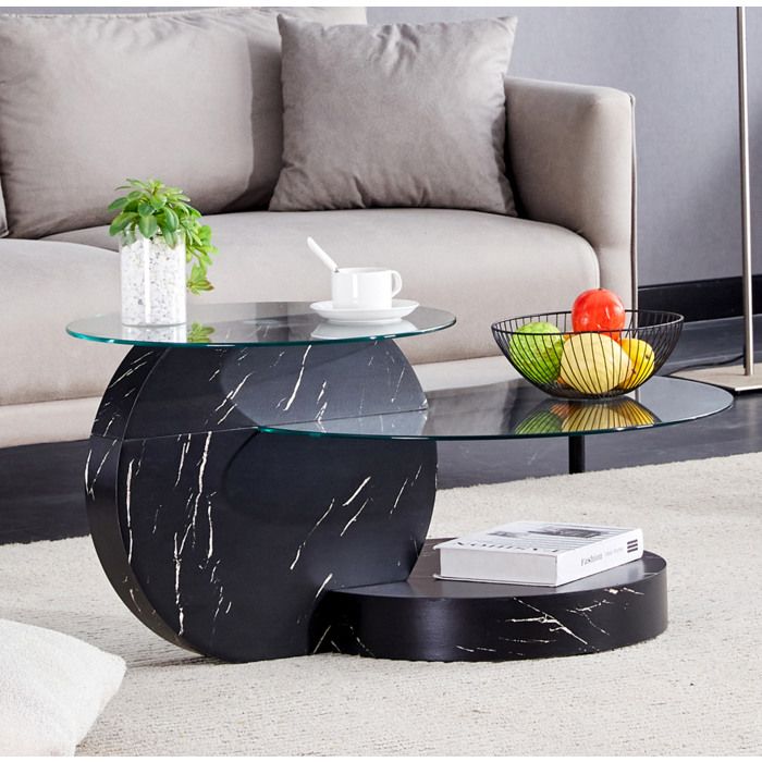 Table basse moderne en verre trempé avec rangement à niveaux noir et transparent