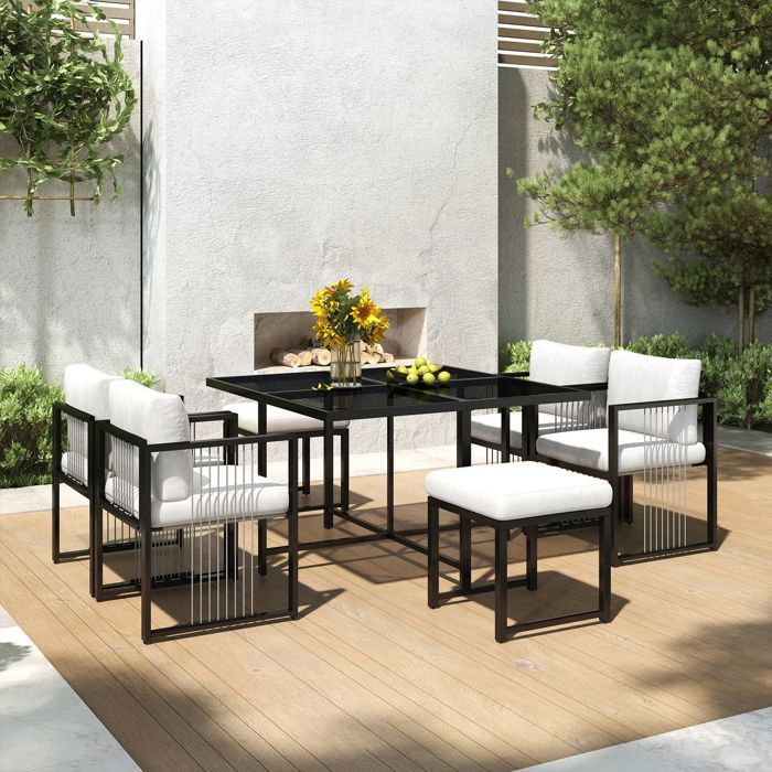 Ensemble table et chaises 7 pièces - WESTYLE - Ensemble 7 pcs - Verre trempé - Acier galvanisé anti-corrosion - Coussins hydrofuges