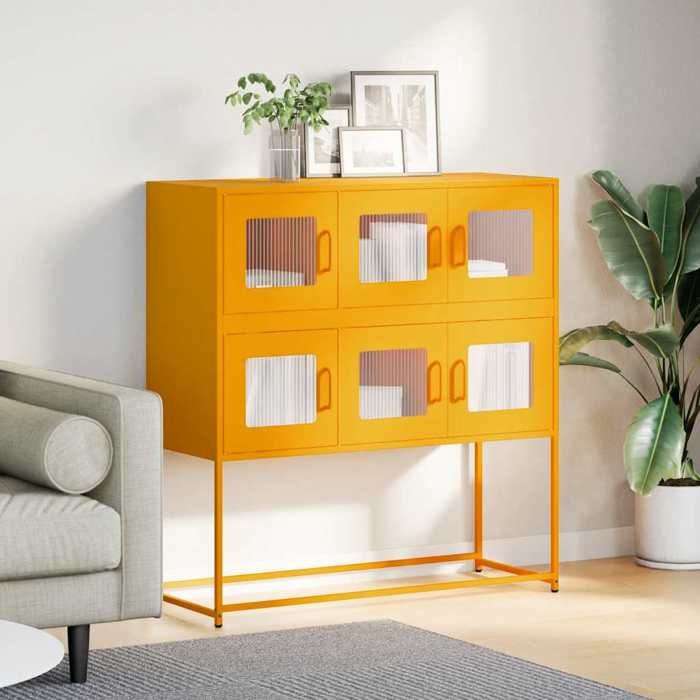 (16074)Commode - contemporain - Buffet rangement - jaune moutarde 100 5x39x107 cm acier laminé à froid poid:26.99 kg