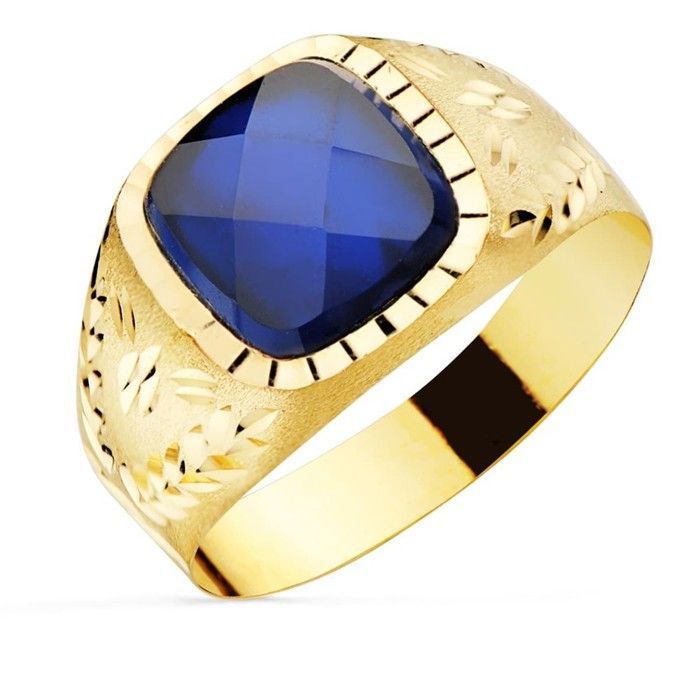 Bague chevalière pour homme en or 9 carats avec une pierre spinelle bleue naturelle de 9 mm.