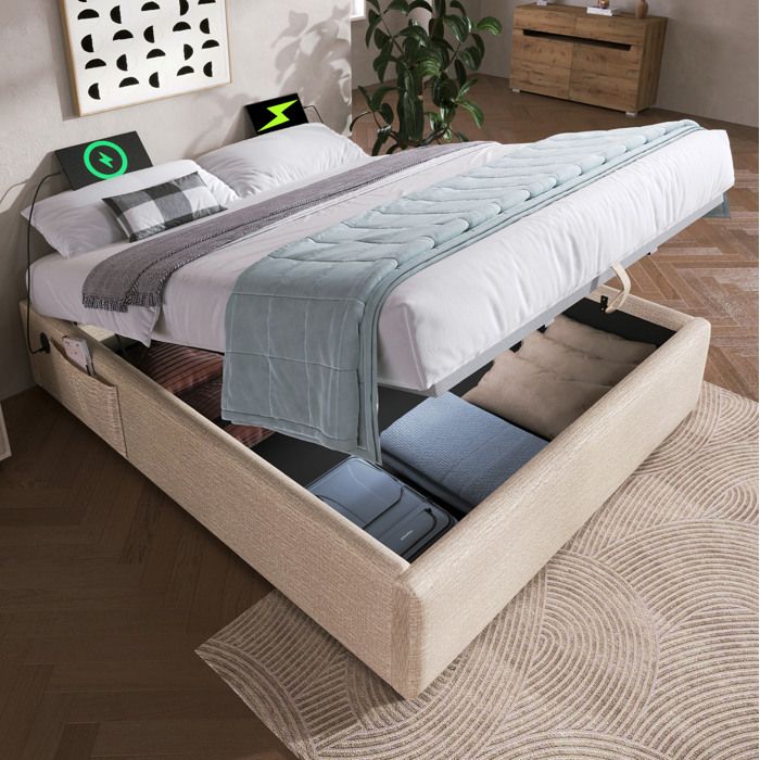 Lit coffre double 160x200 cm sans tête de lit lin beige naturel USB et USB-C sommier relevable inclus