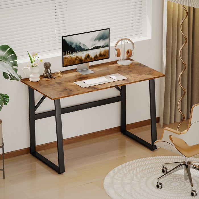 Bureau industriel 120 x 60 x 76 cm noir et marron angles arrondis bois et acier