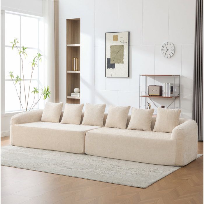 Canapé compressé modulaire 6 places en chenille beige 343 cm mousse 30D sans montage base antidérapante