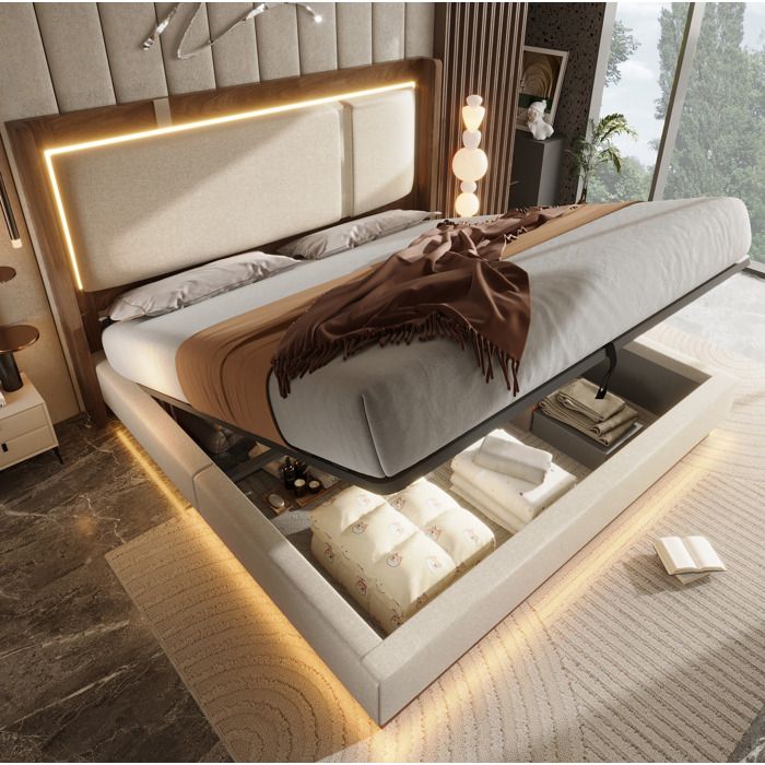 Modenuit Lit double 140x200 cm avec LED sommier à lattes et rangement hydraulique beige et noyer