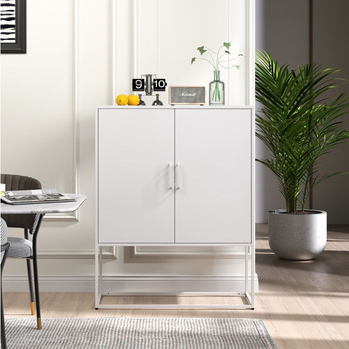 WOVREO buffet haut metallique 85 x 40 x 109 cm 2 portes magnetiques 2 etageres acier blanc