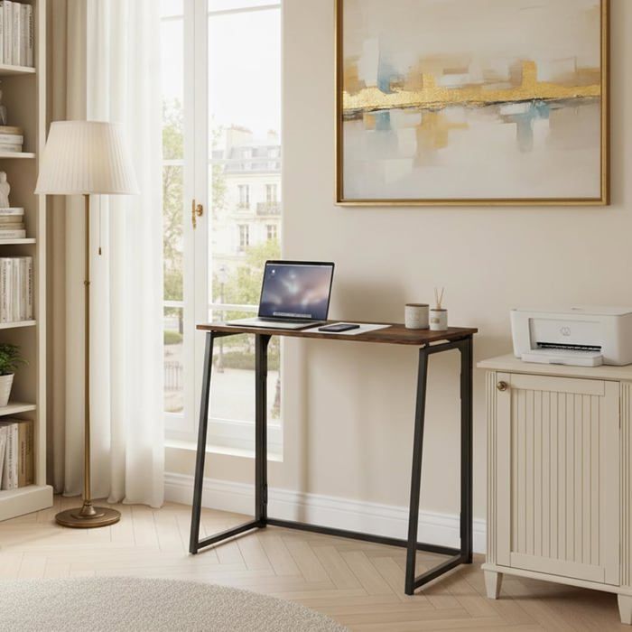 Bureau Compact Et PliablePlateau Bois Effet Vintage Et Cadre MétalFacile À Transporter Et À RangerPour ChambreSalon Ou Bureau