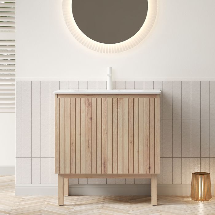 Meuble vasque sur pied - NIKO - Vasque pierre frittée blanche intégrée - 80 cm - Portes à rayures verticales