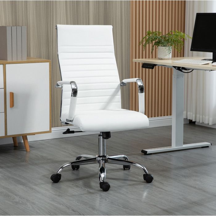 Chaise de bureau ergonomique blanche en simili cuir avec roulettes 360° hauteur reglable fonction bascule 120 kg