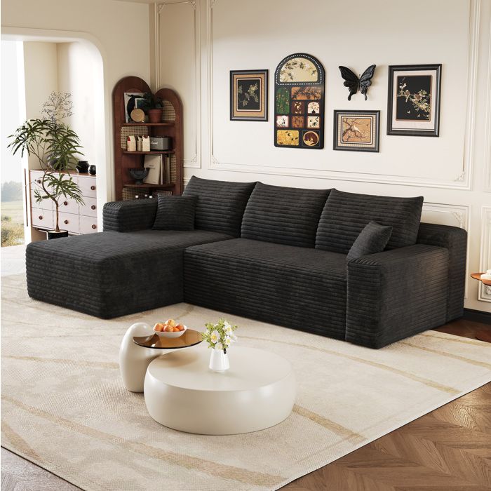 Canapé dangle 3 places assise profonde sans montage - MODENVIE - méridienne réversible tissu velours côtelé noir 241 cm
