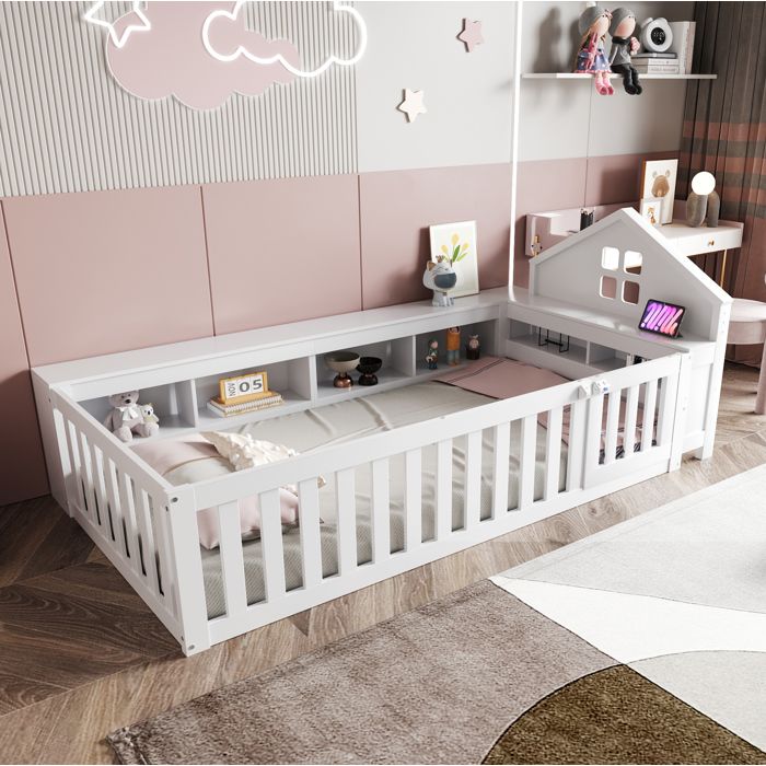 VUENOR Lit enfant 90x200 cm blanc – barrières rangements et sommier sans matelas