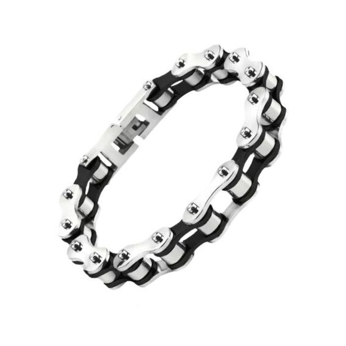 Bracelet Chaine de Moto - Gourmette Homme Biker Motard Argent et Noir en Acier Inoxydable 21cm