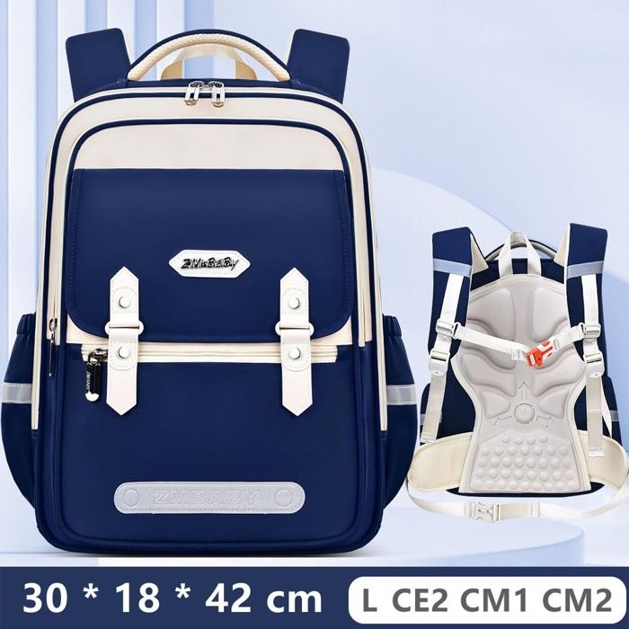 Cartable Garçon Fille Sac à Dos Scolaire Primaire Tissu Nylon Imperméable Pour Enfants CE2 - CM2 Léger Multi-poches - L - Bleu