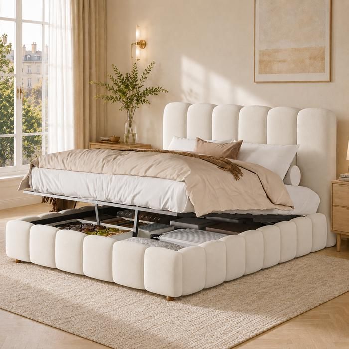 Lit coffre double 140 x 190 cm - Tête de lit rembourrée - Coffre hydraulique - Sommier à Lattes - 2 Personnes - Velours - Beige