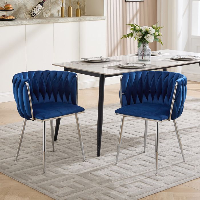 WOVREO Lot de 2 chaises de salle à manger en velours bleu marine dossier tressé et pieds métal