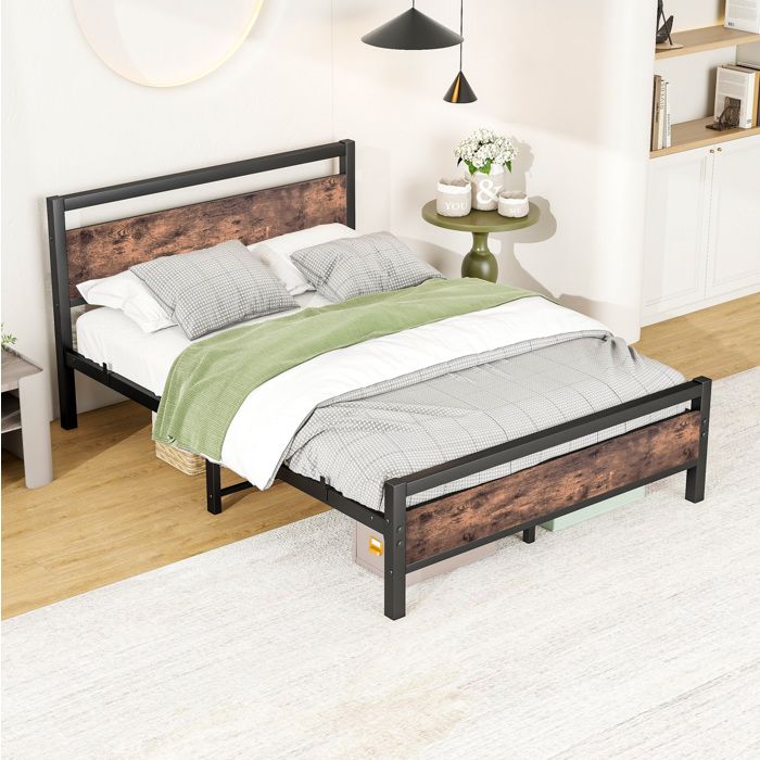 ROVRYN Cadre de lit 140 x 190 cm métal et MDF sommier inclus rangement marron antique