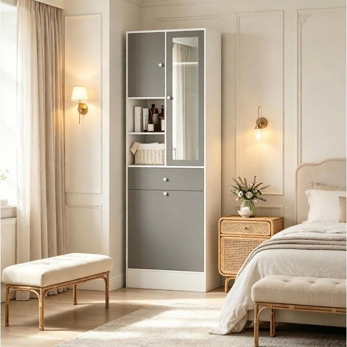 Colonne de salle de bain avec porte miroir panier à linge dissimulé tiroir et étagère réglable blanc gris ORVRYN