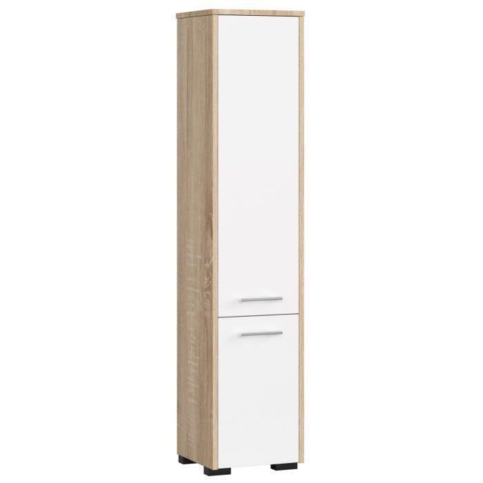 Colonne salle de bains AKORD FIN Chêne Sonoma 30 cm 2 portes façade Blanche 5 étagères 30x30x140 cm