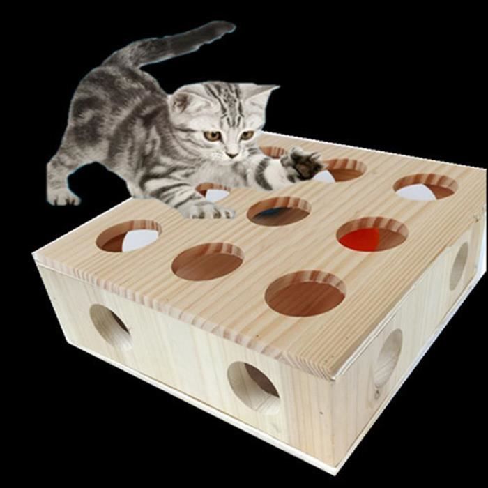Coffre A Jouets En Bois Pour Chat Interactif 17 Trous Coffre A Jouets Pour Chat Cache Cache Cdiscount