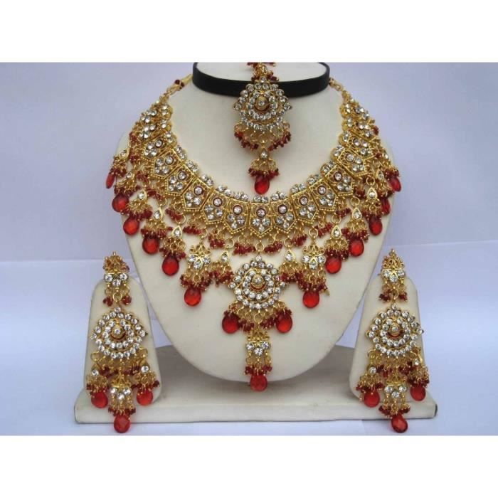 Parure bijoux indienne ROUGE DORÉ pas cher Achat Vente