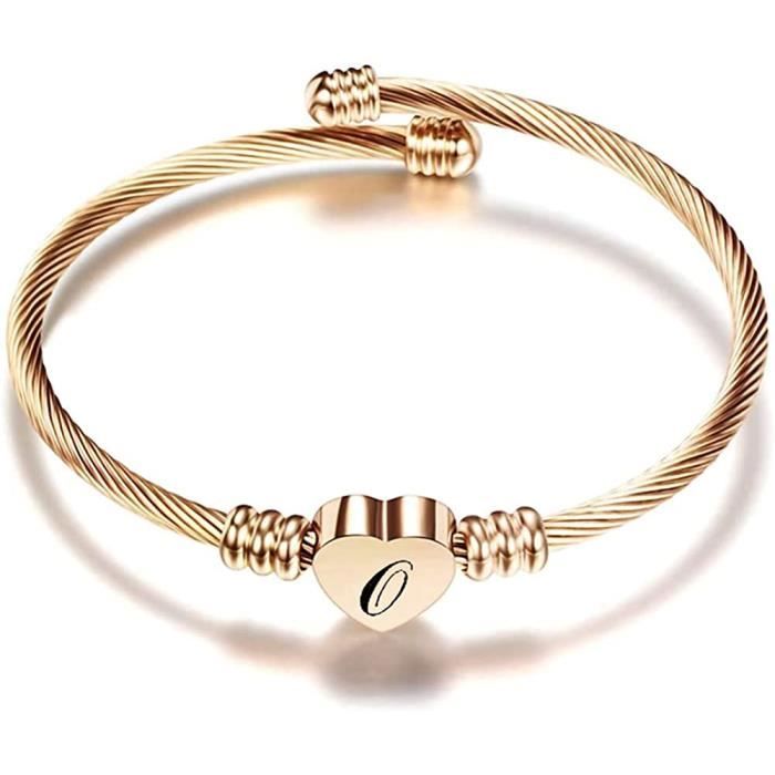 aurstore bracelet cable 20cm en acier inoxydable 316l, bracelet initiale lettre a-z femme fille-couleur rose (o)