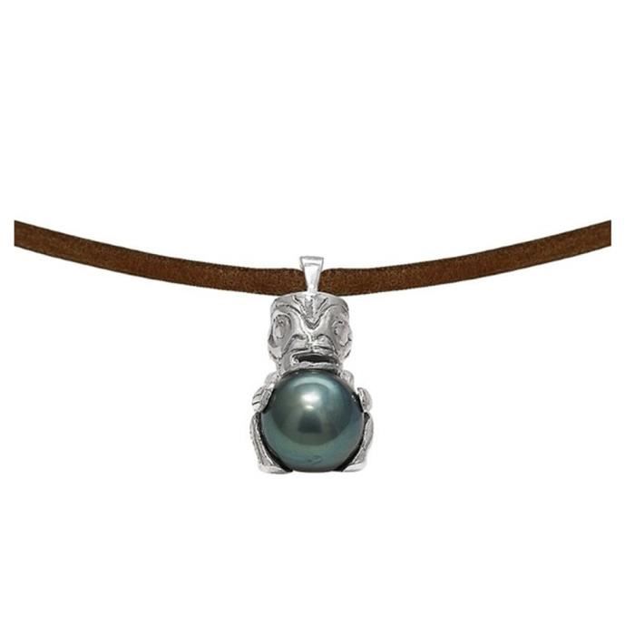 collier homme tribal en cuir, perle de tahiti et argent massif 925 - blue pearls