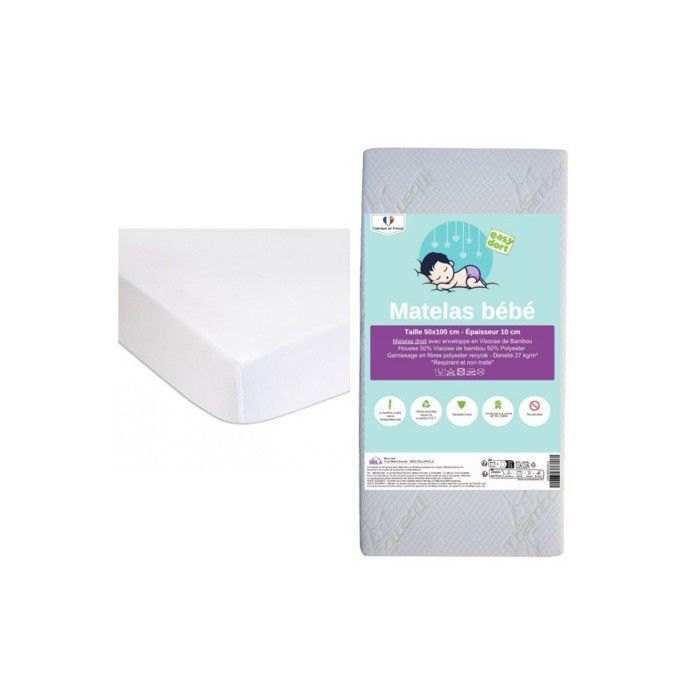 KIT PRATIQUE BEBE  Matelas 50x100 100% Bambou Lit Bébé Vintage + 2 Alèses Coton blanc  Certifié Oeko-Tex  Fabrication France UE