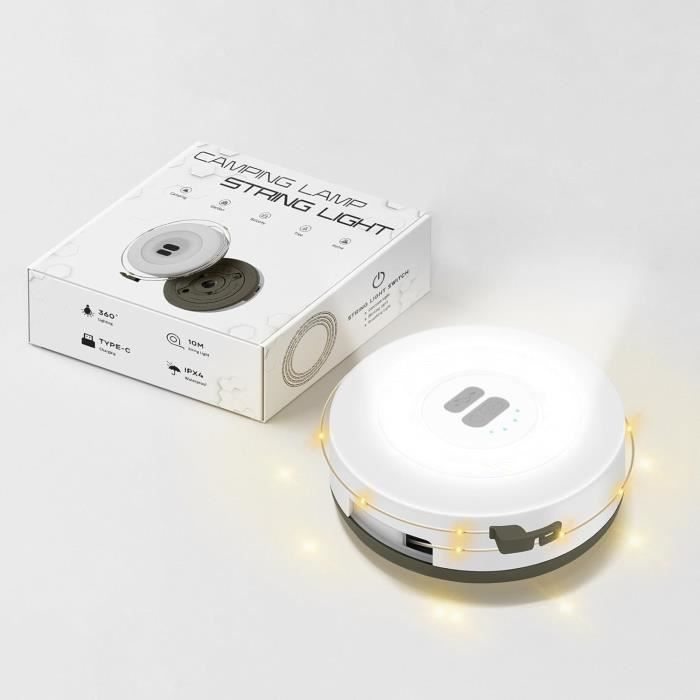 Guirlande Lumineuse Camping 10m Rechargeable - 8 Modes - IP44 - 2000mAh - Pour Tente, Extérieur