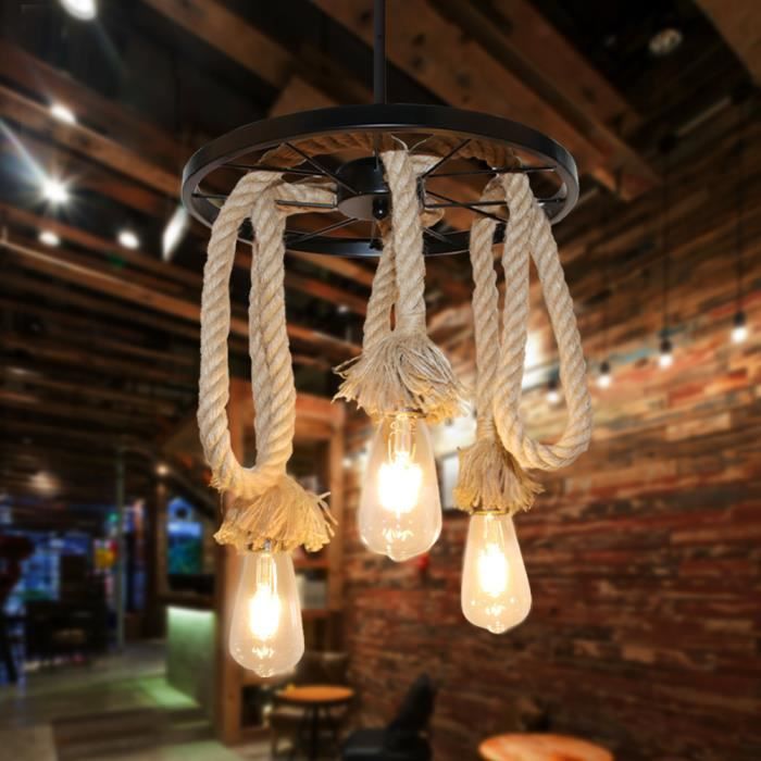 MOGOD Lustre Industrielle Vintage à 3 Têtes ø35cm - Suspension en Roue avec Corde de Chanvre - Rétro E27 Luminaire Lampe Plafond