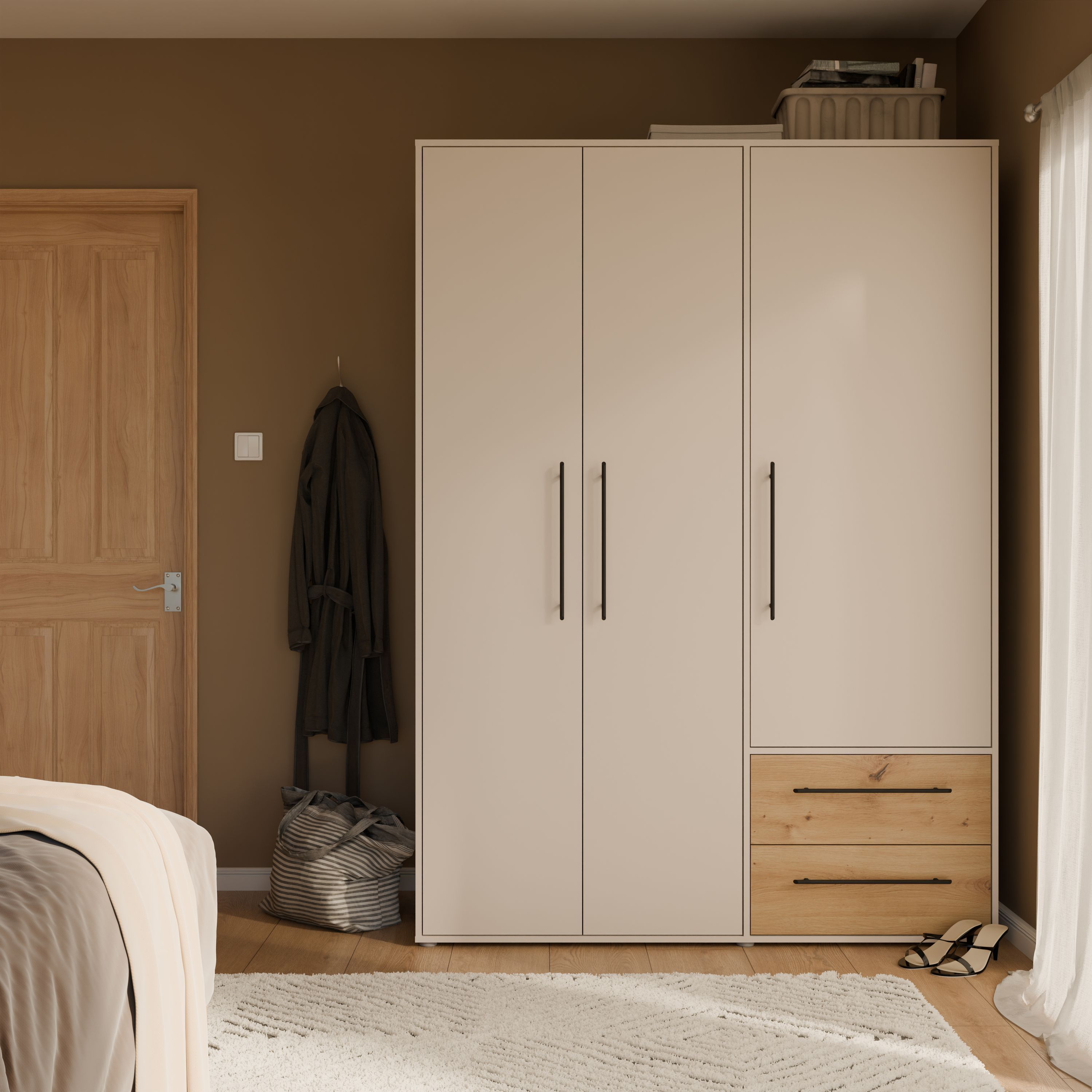 Armoire de chambre - Sable et Chêne - 3 portes battantes - L1444 x P588 x H2001 cm - MOKKARIS