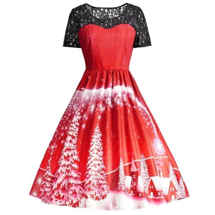 Robe de Noël vintage à manches courtes en dentelle avec motif bonhomme de neige