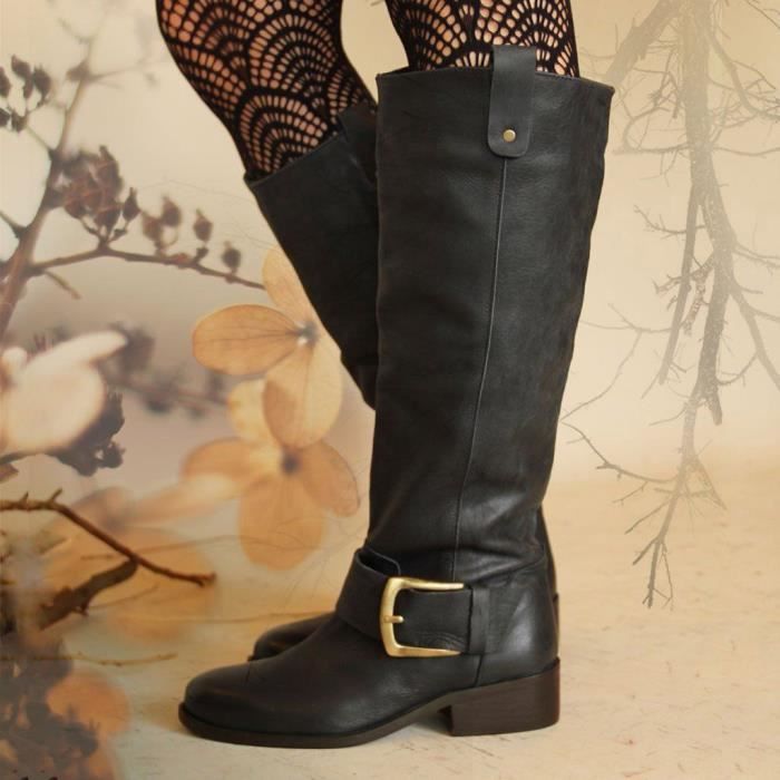 Chaussures femme en cuir au niveau du Genou Équitation Bottes Élastique Large Mollet Large Taille Talon Plat Chaussures femme en cuir au niveau du Genou Équitation Bottes Élastique Large Mollet Large Taille Talon Plat