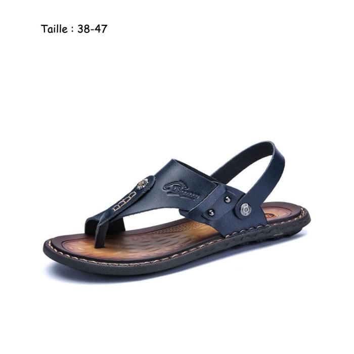 Sandales Homme Respirantes en Cuir Bleu Chaussures de Plage