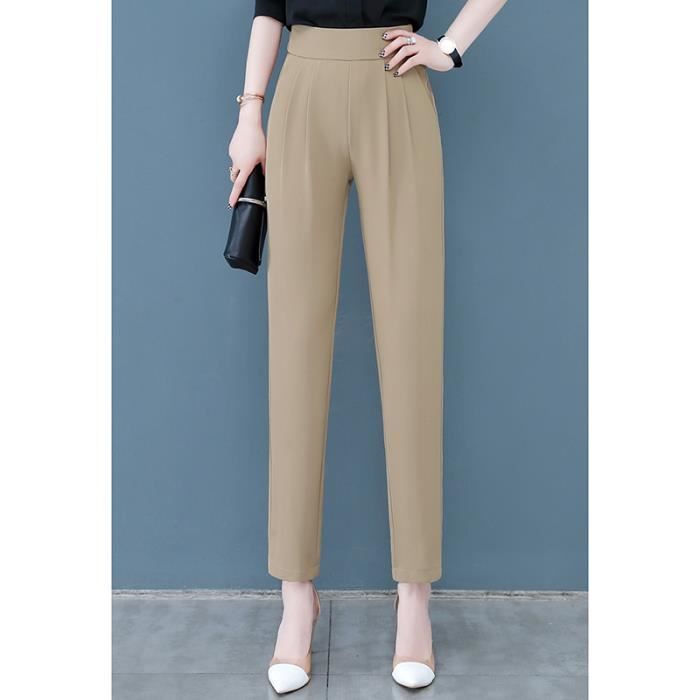 Pantalon Femme 7-8 Coupe droite Taille haute élastiquée Couleur unie Kaki -  Cdiscount Prêt-à-Porter