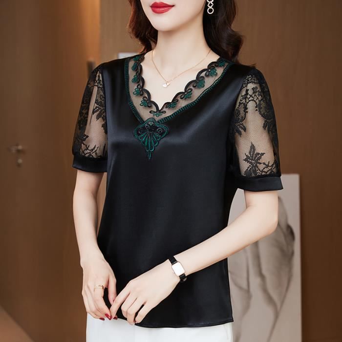 Chemisier Dentelle Vintage Femme - Élégant Broderie Florale Col V Manches Courtes