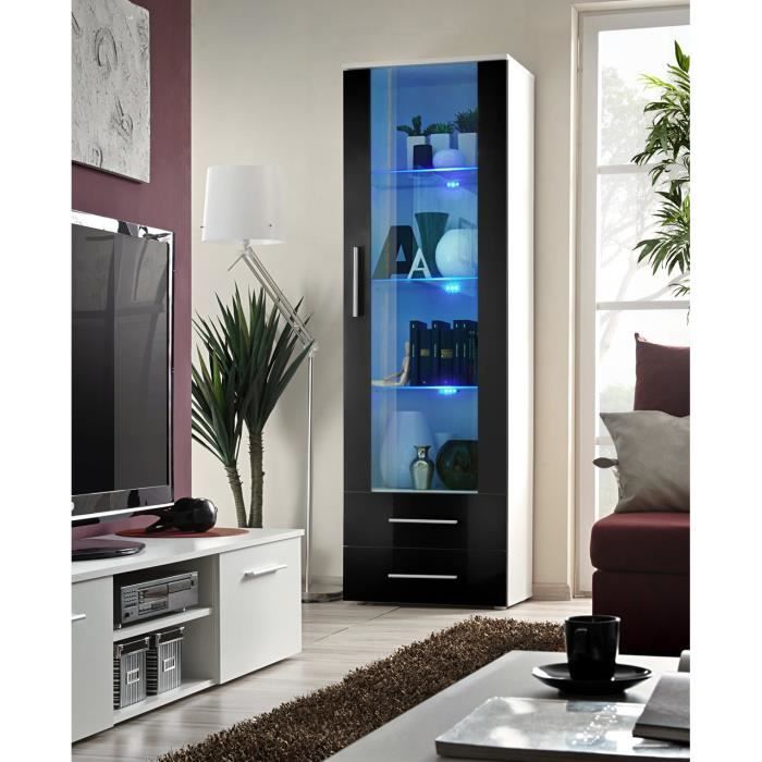 Vitrine NEO I design, coloris blanc et noir brillant + LED. Meuble moderne et tendance pour votre salon. 40 Noir