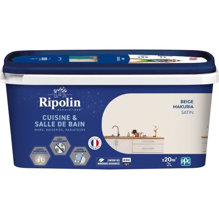 Peinture murs boiseries plafonds radiateurs - RIPOLIN - Cuisine et bain - 2 L - Beige Makuria