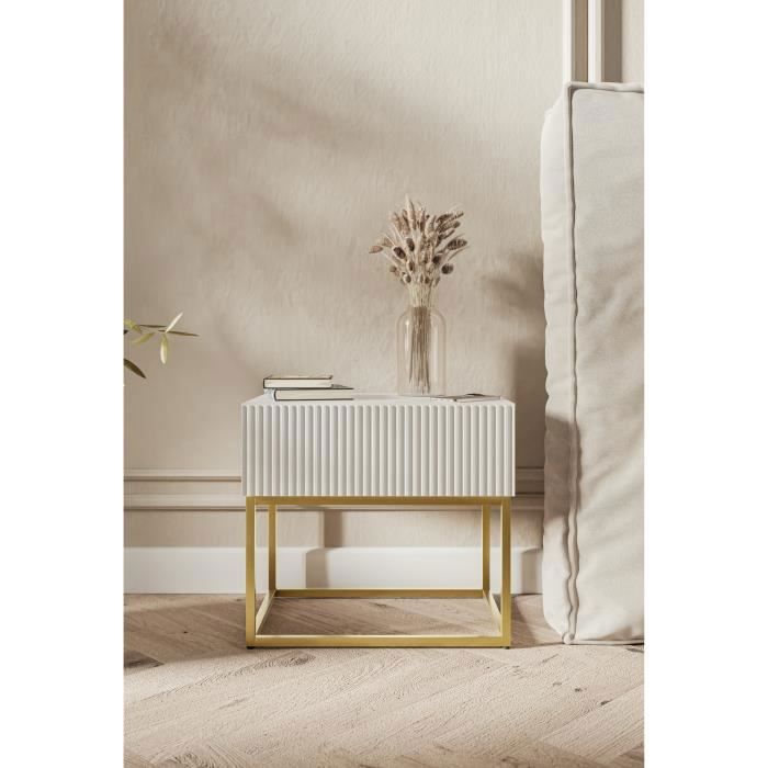 Table de chevet - VELDIO - 50 cm - blanc avec pieds dorés