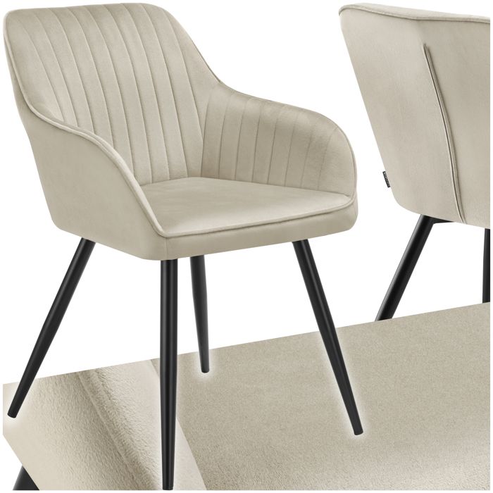Chaise - TECTAKE - Chaise MARILYN effet velours capitonné rembourrée et pieds en acier noir 58 x 62 x 82 cm - Crème