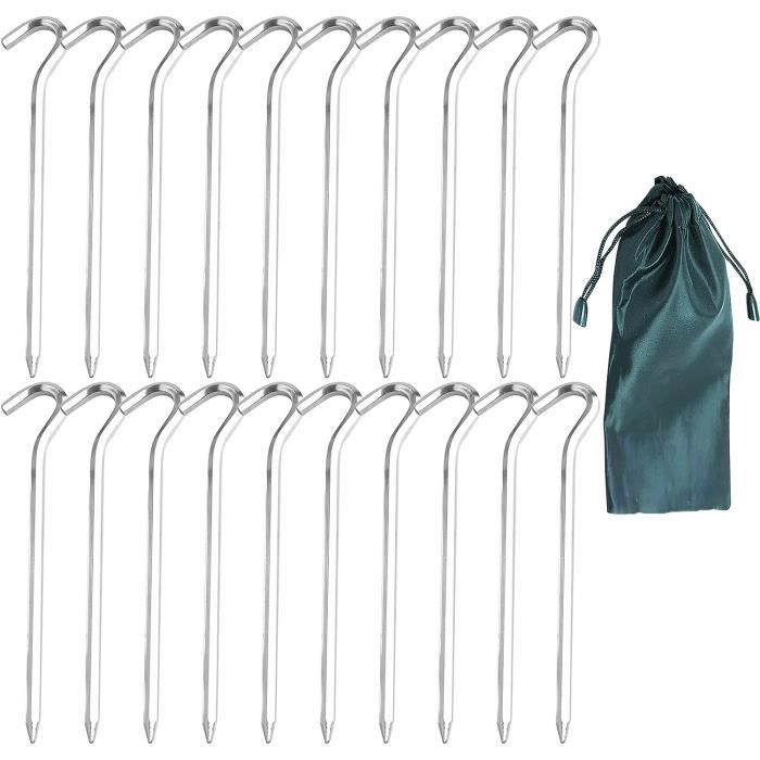 HIKEMAN Lot de 20 piquets de tente en alliage d'aluminium avec cordon de serrage - Sac pour camping en plein air, voyage, randonnée, plage, robuste (noir